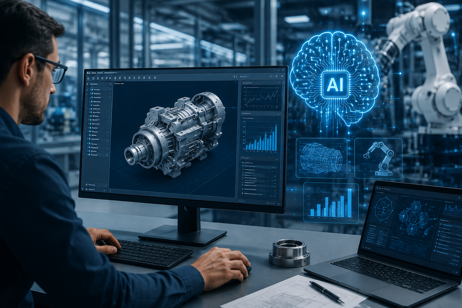 AI Is Transforming Mechanical Design and Manufacturing Software with an engineer using AI-powered CAD software to design a 3D mechanical component in a smart factory.